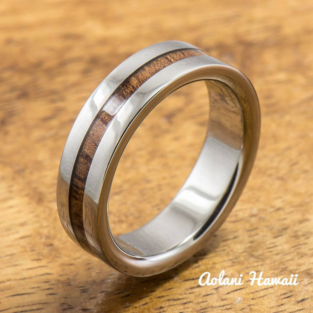 Titanium Ring with Hawaiian Koa Woodm Inlay (6mm - 8 mm width, Flat Style) - Aolani Hawaii - 2