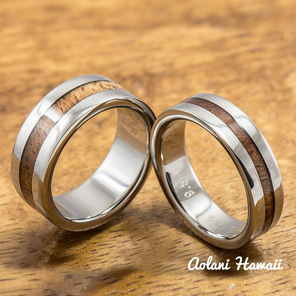 Titanium Ring with Hawaiian Koa Woodm Inlay (6mm - 8 mm width, Flat Style) - Aolani Hawaii - 3