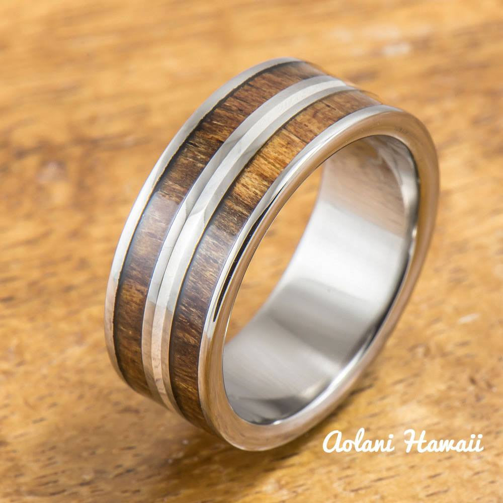 Titanium Ring with Koa Wood and Silver Line Inlay (8mm width, Flat Style) - Aolani Hawaii