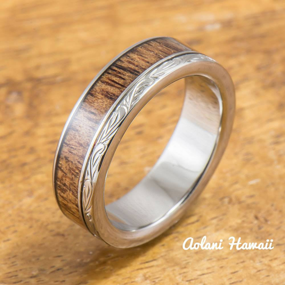 Titanium Ring with Koa Wood Inlay (6mm width, Flat Style) - Aolani Hawaii - 2