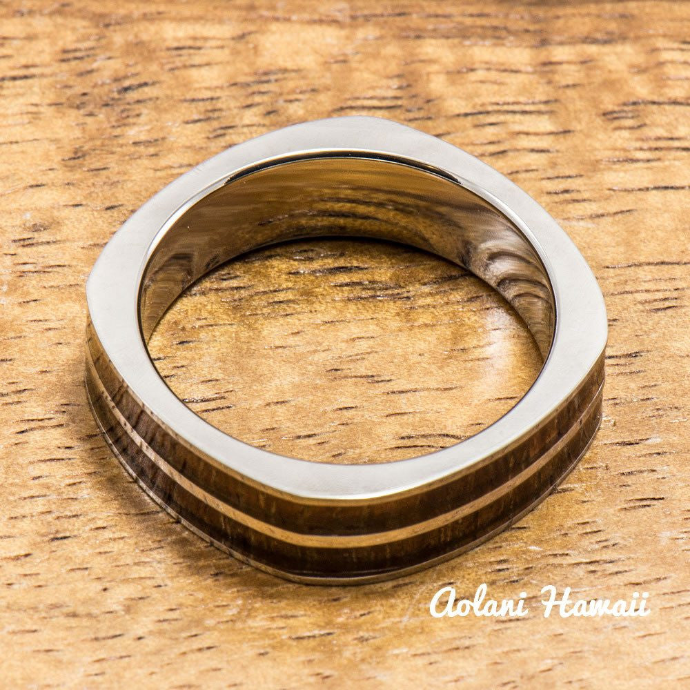 Titanium Square Ring with Hawaiian Koa Wood Inlay (6mm width, Flat