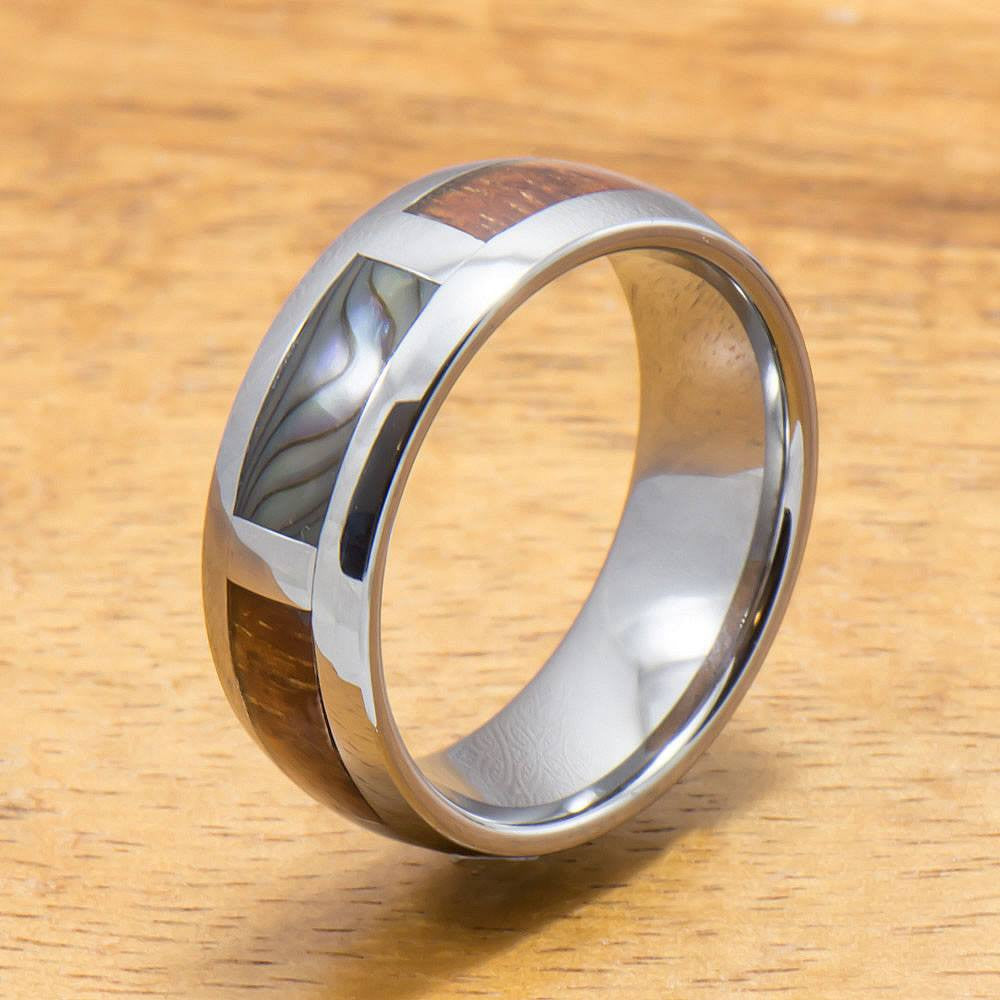 Tungsten Abalone Ring with Koa Wood Inlay Tungsten Ring (6mm - 8mm Width, Barrel style)