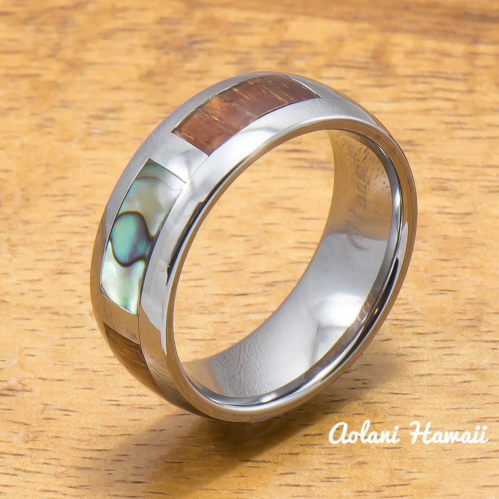 Tungsten Abalone Ring with Koa Wood Inlay Tungsten Ring (6mm - 8mm Width, Barrel style) - Aolani Hawaii - 2