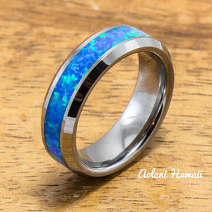 Wedding Band Set of Tungsten Rings with Opal Inlay (6mm & 8mm width, Flat Style) - Aolani Hawaii - 3