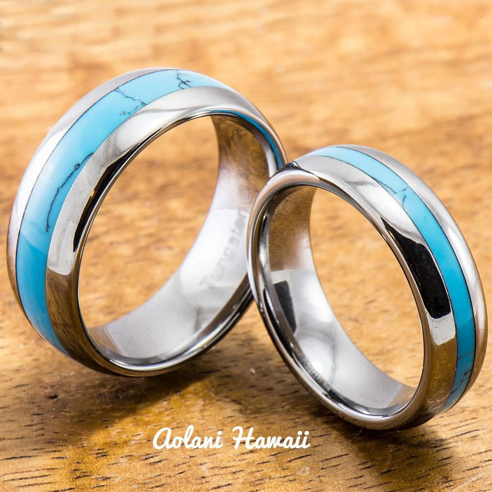 Tungsten Ring with Turquoise Inlay (6mm - 8mm width, Barrel style) - Aolani Hawaii - 3