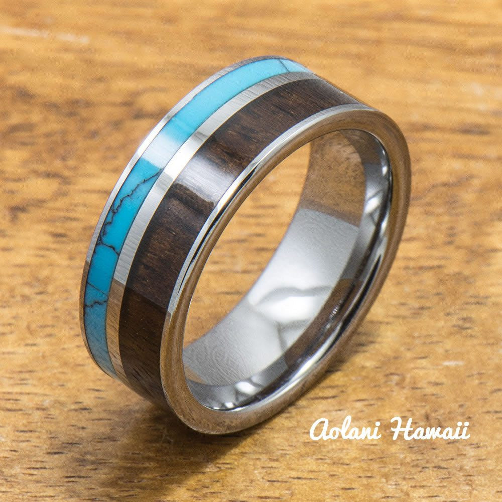 Turquoise Tungsten Rings Set with Dark Koa Wood Inlay (6mm & 8mm width, Flat Style) - Aolani Hawaii - 2