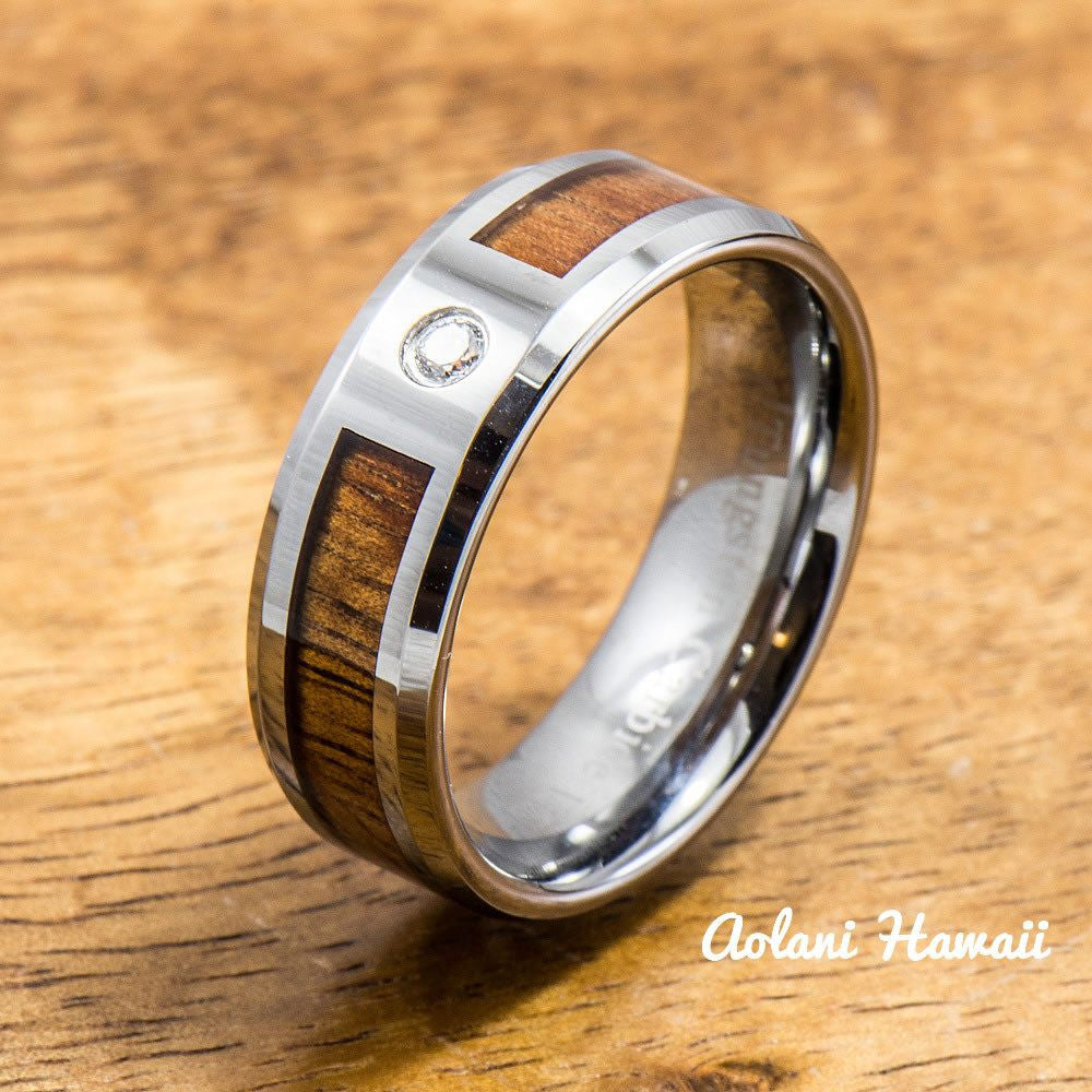 Tungsten Wedding Band Set of Hawaiian Koa Wood Tungsten Rings with CZ Stone (6mm & 8mm width, Flat style ) - Aolani Hawaii - 2