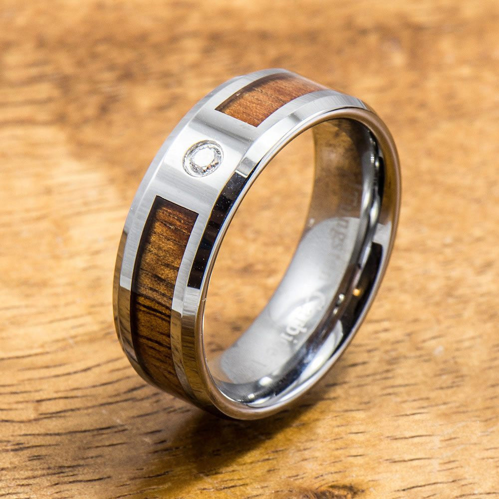 Wedding Band - Hawaiian Koa Wood Tungsten Ring (6mm - 8mm width CZ Stone, Flat style)