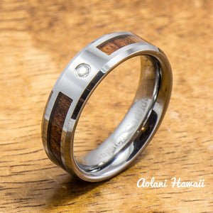 Wedding Band - Hawaiian Koa Wood Tungsten Ring (6mm - 8mm width CZ Stone, Flat style) - Aolani Hawaii - 2