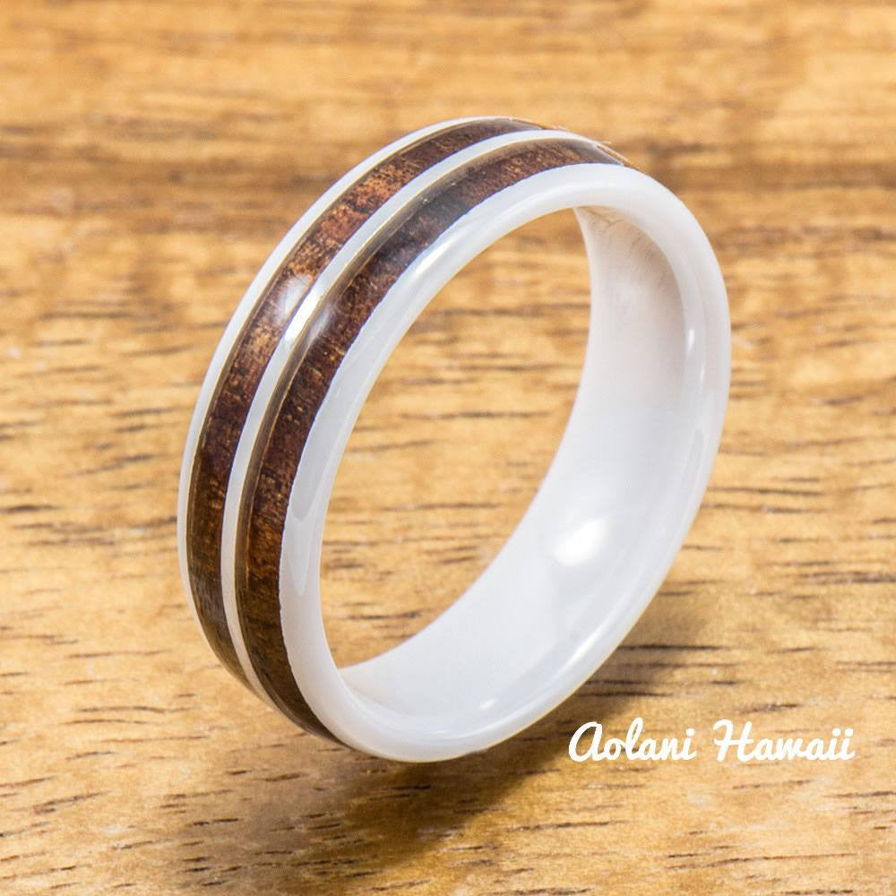 White Ceramic Rings with Double Hawaiian Koa Wood Inlay (6mm - 8mm width, Barrel style ) - Aolani Hawaii - 2
