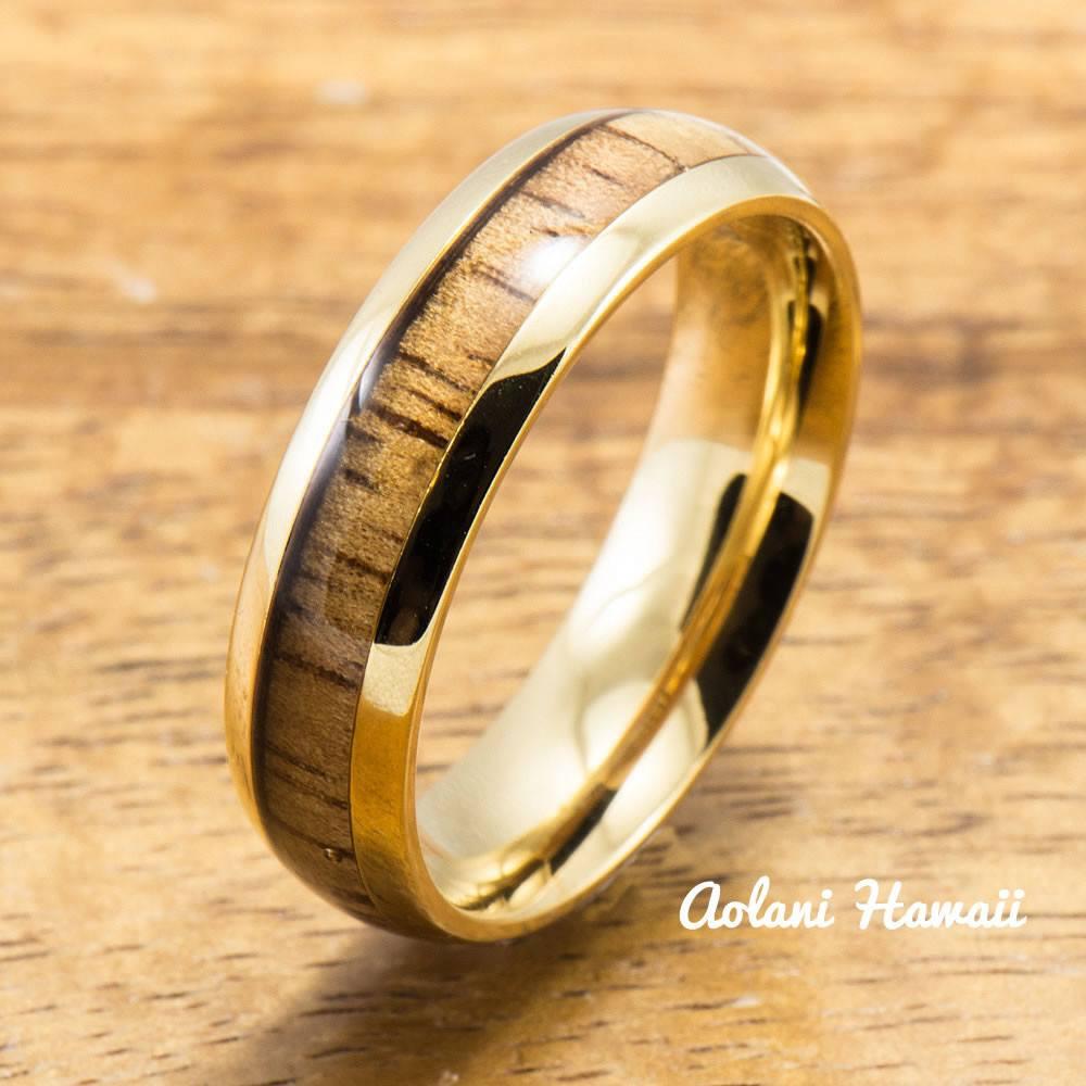 Yellow Gold Colored Stainless Steel Ring with Hawaiian Koa Wood (6mm - 8mm width, Barrel Style) - Aolani Hawaii - 2