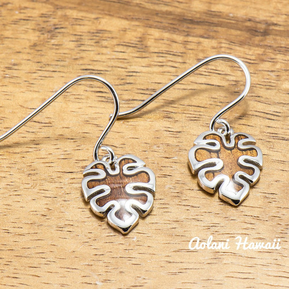 Sterling Silver Monstera Leaf Earring Pierce with Hawaiian Koa Wood Inlay