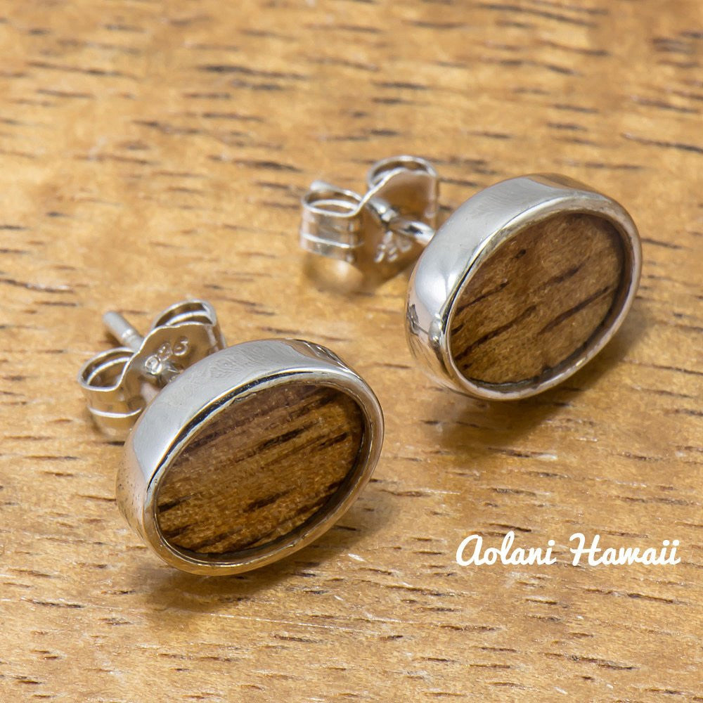 Sterling Silver Oval Earring Pierce with Hawaiian Koa Wood Inlay - Aolani Hawaii - 1