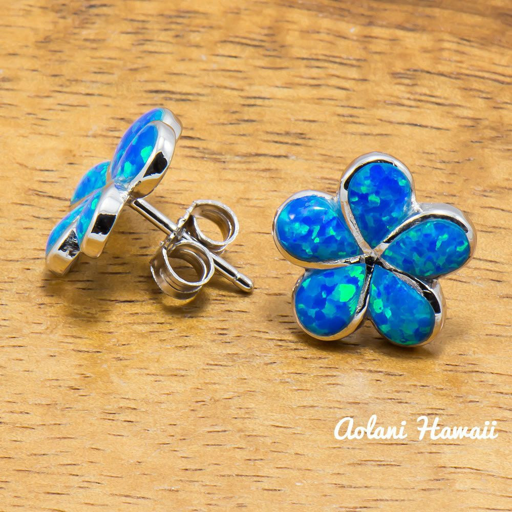 Sterling Silver Plumeria Earring Pierce with Opal Inlay - Aolani Hawaii - 2