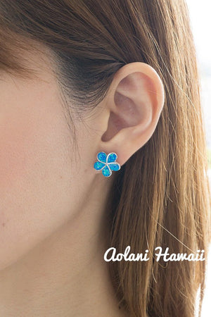Sterling Silver Plumeria Earring Pierce with Opal Inlay - Aolani Hawaii - 3