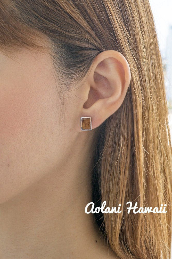 Sterling Silver Rectangle Earring Pierce with Hawaiian Koa Wood Inlay - Aolani Hawaii - 2