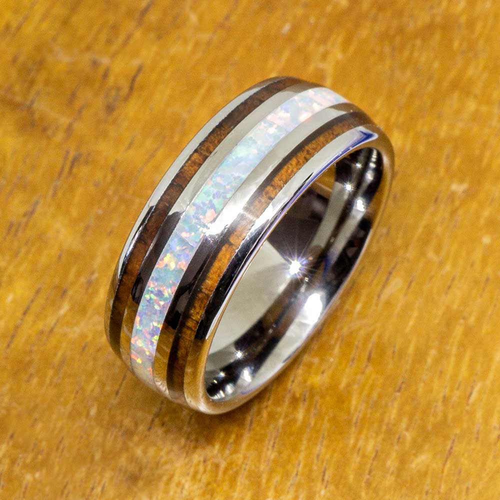 White Opal Tungsten Ring With Koa Wood Inlay (8mm Width, Barrel style)