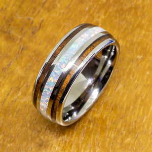 White Opal Tungsten Ring With Koa Wood Inlay (8mm Width, Barrel style)