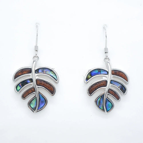 925 Sterling Koa Wood Abalone Hook Earring - Monstera Leaf