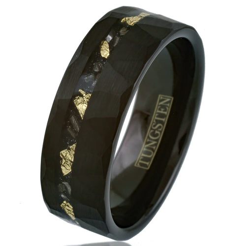 NEW - Multi-Faceted Brushed Black Tungsten Flat Band Ring Gold Leaf and Black Meteorite Inlay