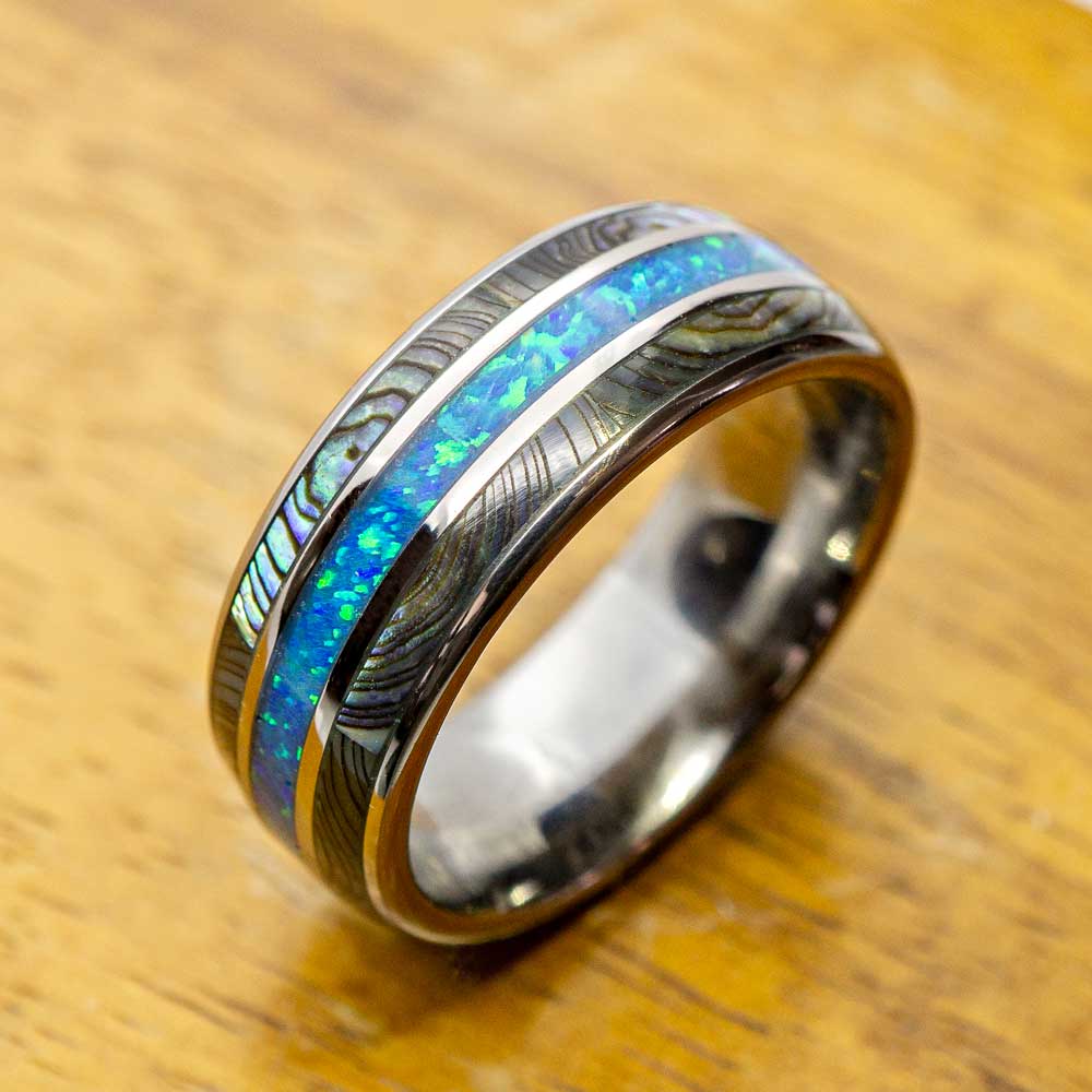 New - Tungsten Opal Ring With Abalone Inlay (8mm Width, Comfort style)