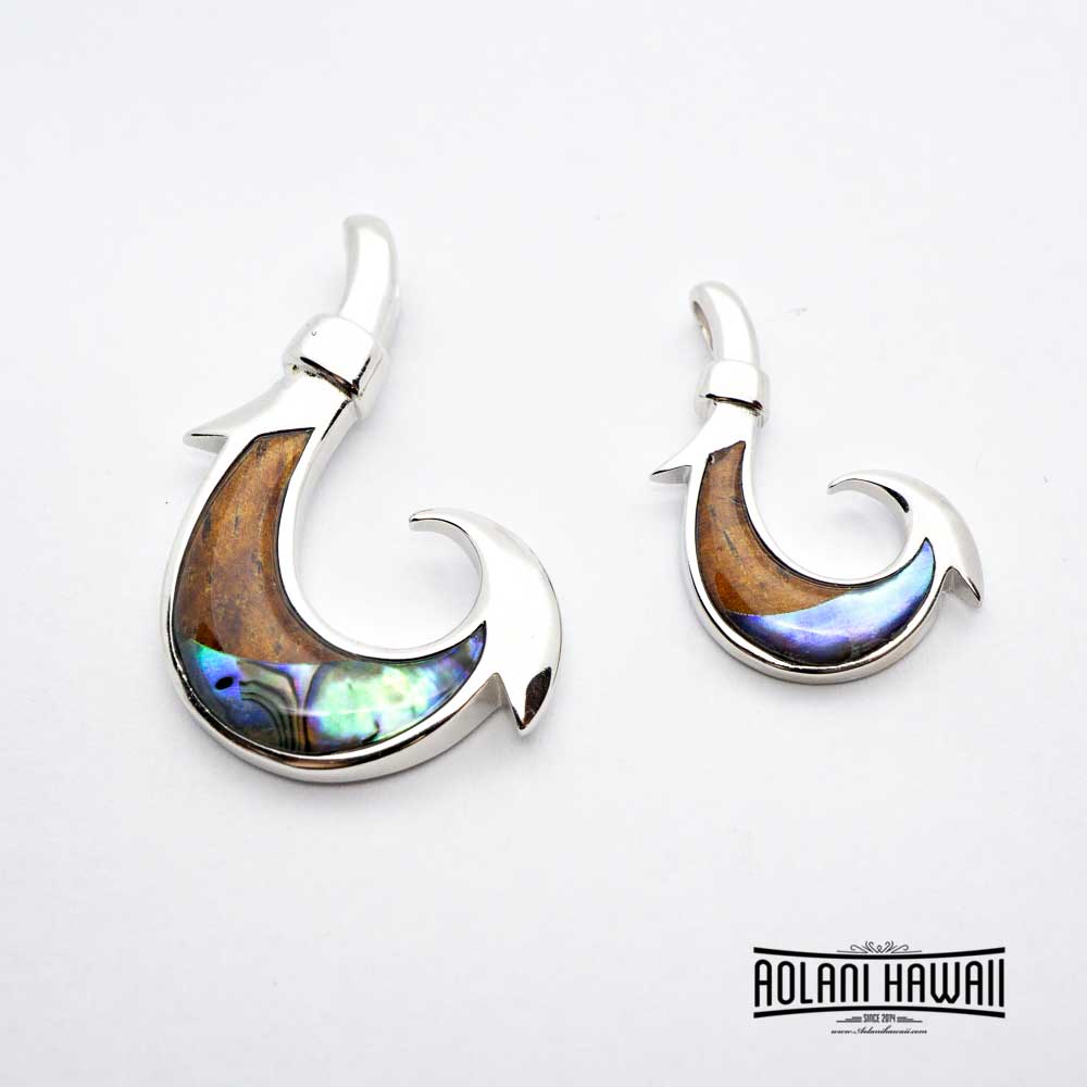 Sterling Silver Fishhook Koa Wood Abalone Pendant  (FREE Stainless Chain Included)