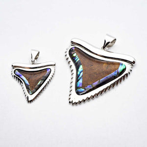 Silver Shark Tooth Koa Wood Abalone Pendant  (FREE Stainless Chain Included)