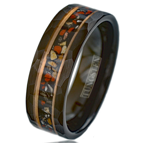NEW - Spectacular Faceted Brushed Finish Black Tungsten Flat Band Ring with Crushed Stones Inlay