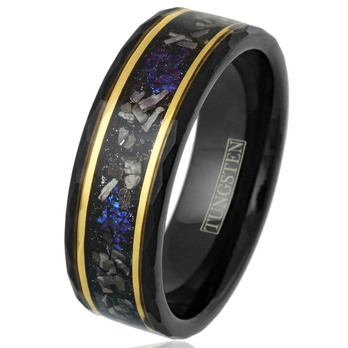 NEW - Brushed Finish Faceted Black Tungsten Flat Band Ring with Purple Galaxy Dust Inlay