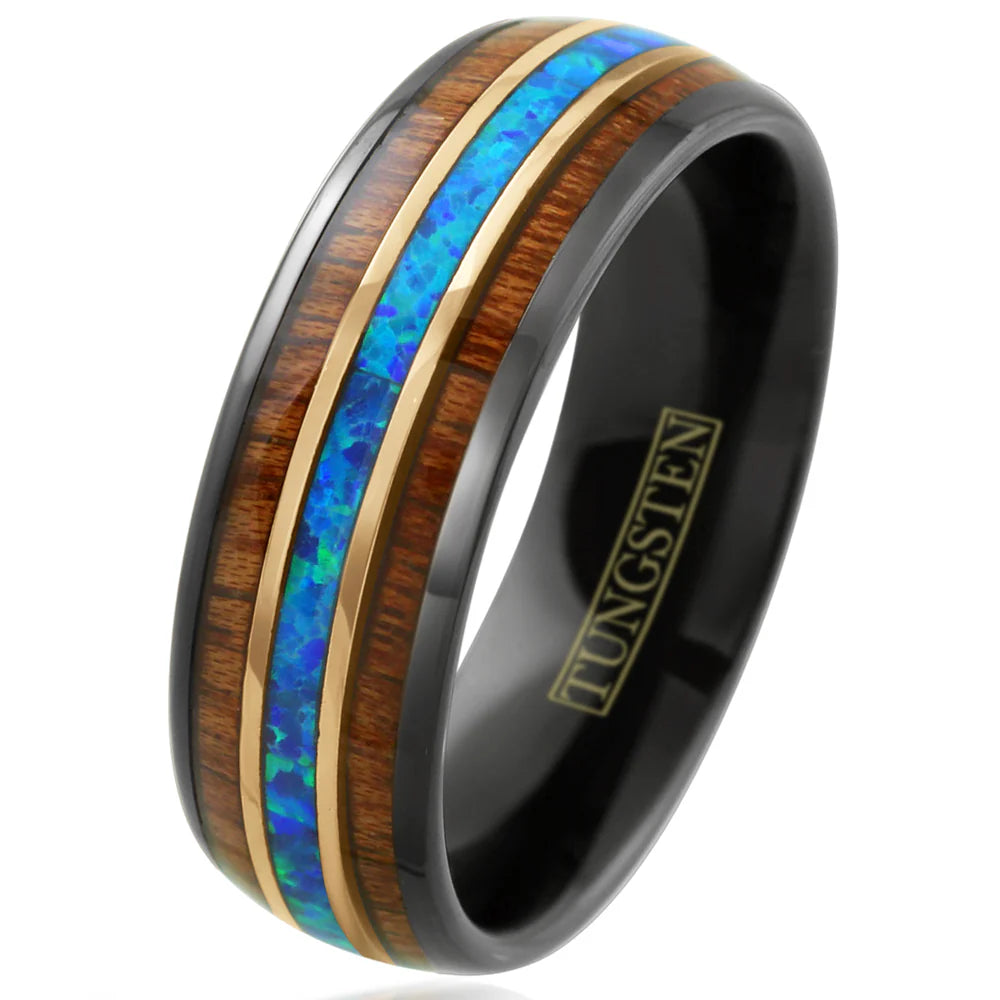 NEW - Gold Accented Opal and Koa Wood Inlay Tungsten Ring (6mm - 8mm Width, Barrel style)