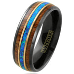 NEW - Gold Accented Opal and Koa Wood Inlay Tungsten Ring (6mm - 8mm Width, Barrel style)