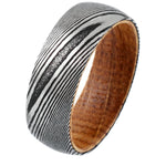 Damascus Steel Ring with Hawaiian Koa Wood (8mm width, Barrel Style)