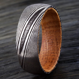 Damascus Steel Ring with Hawaiian Koa Wood (8mm width, Barrel Style)