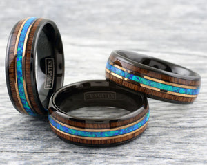 NEW - Gold Accented Opal and Koa Wood Inlay Tungsten Ring (6mm - 8mm Width, Barrel style)