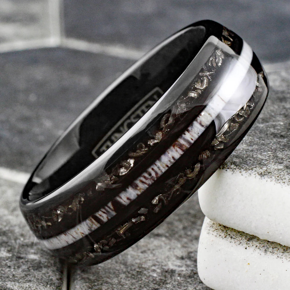 NEW - Black Low Dome Tungsten Ring with White Speckled Deer Antler and Meteorite Inlay