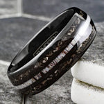 NEW - Black Low Dome Tungsten Ring with White Speckled Deer Antler and Meteorite Inlay