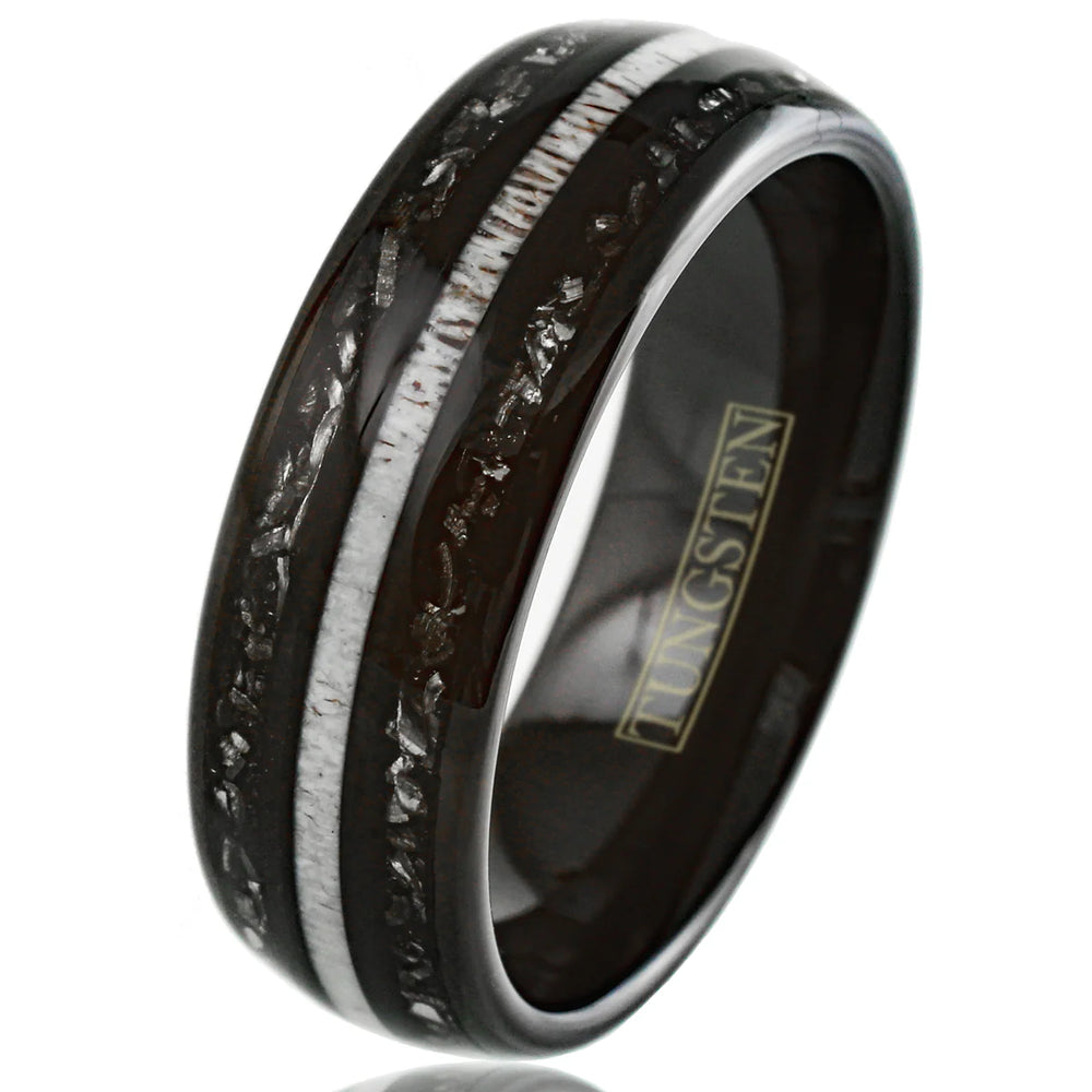 NEW - Black Low Dome Tungsten Ring with White Speckled Deer Antler and Meteorite Inlay