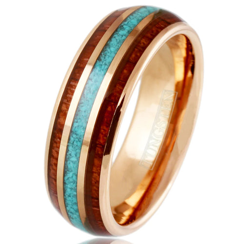 Tungsten Ring with Koa Wood, Turquoise, Lapis & Malachite Inlays