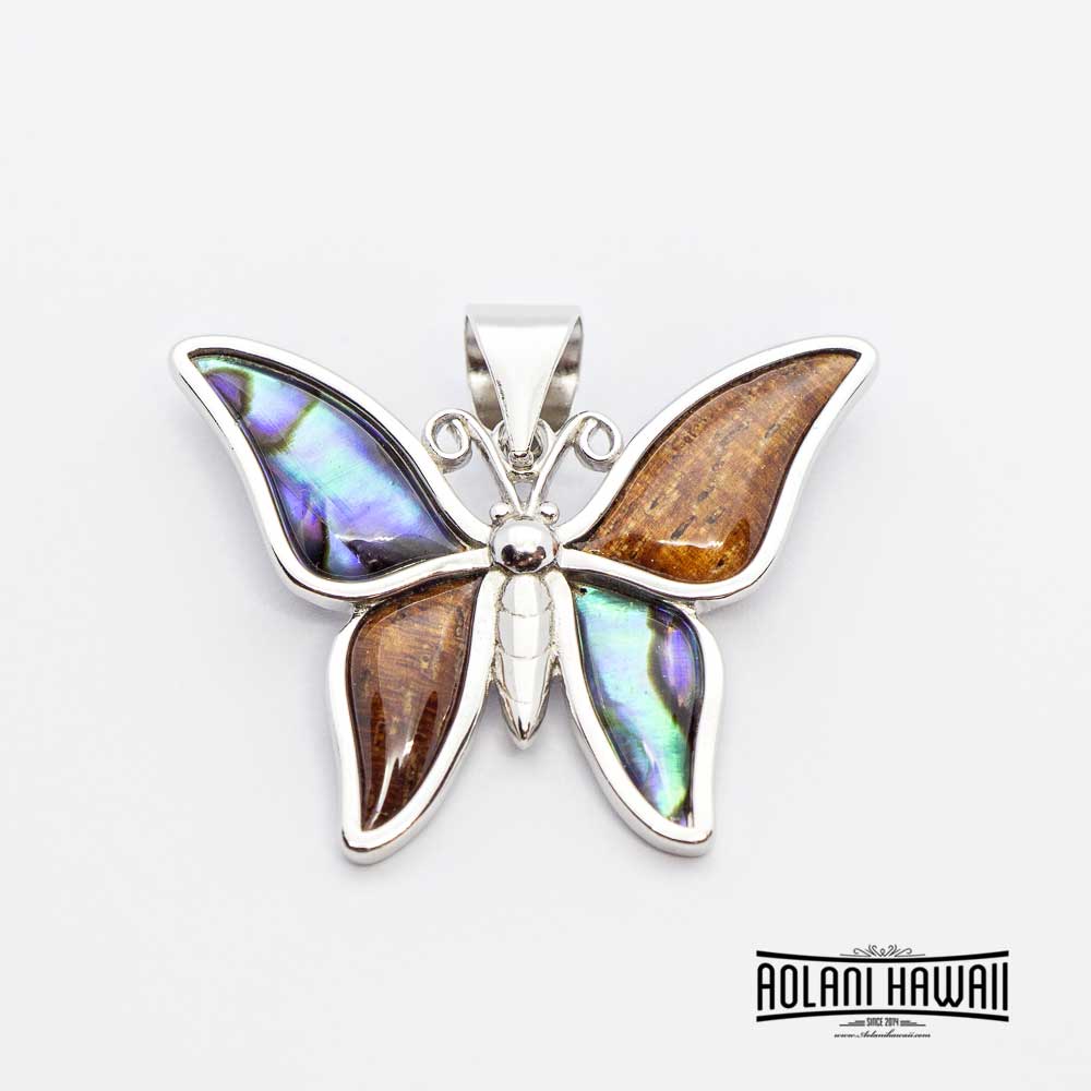 Koa Wood Abalone Butterfly Pendant  (FREE Stainless Chain Included)