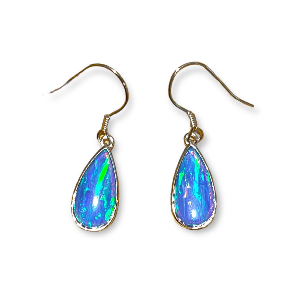 Dangling Sterling Silver Tear shape Earring Pierce with Opal Inlay