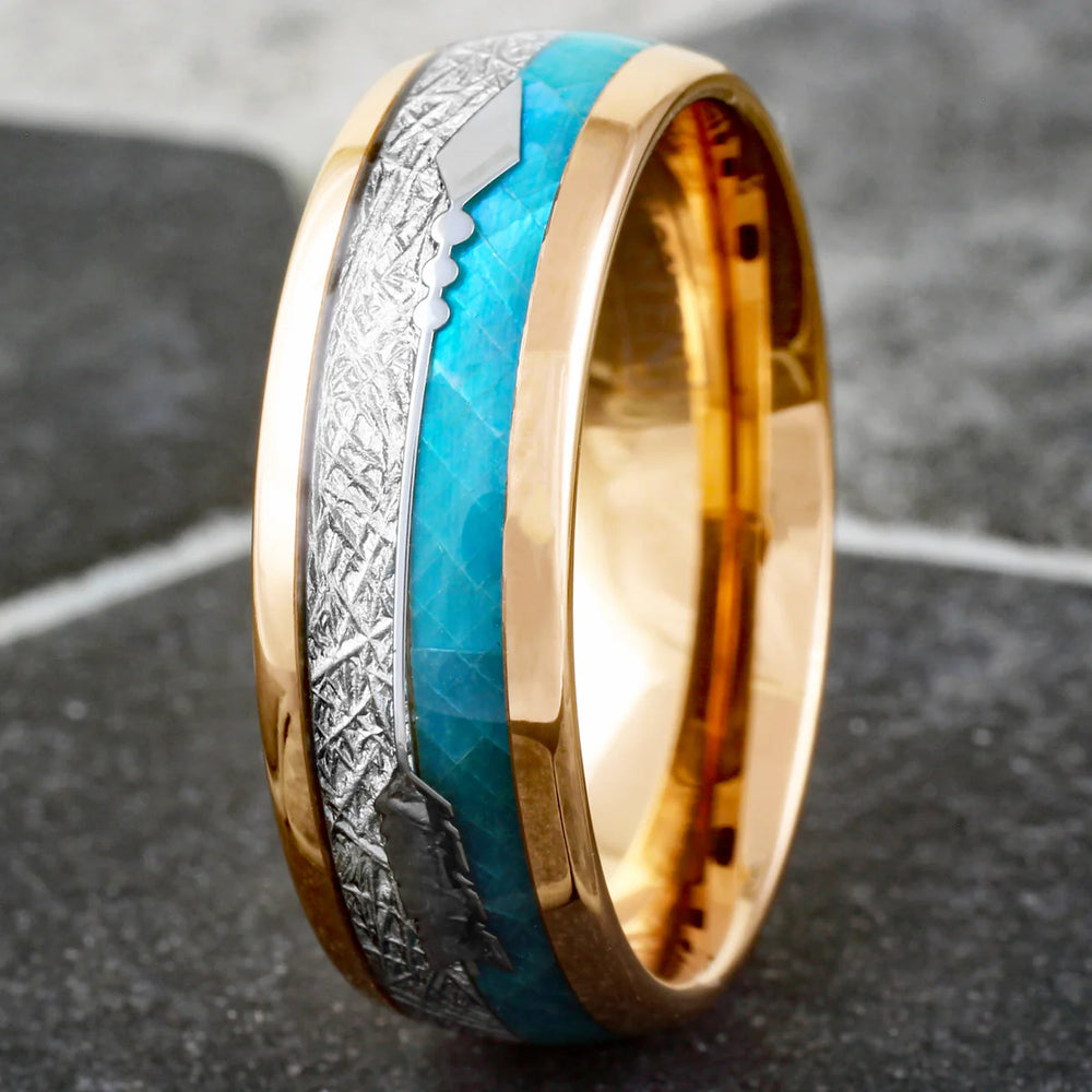 NEW - Rose Gold Tungsten Dome Ring with Opal Meteorite and Silver Feathered Arrow Inlays