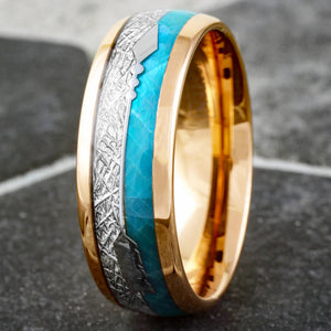 NEW - Rose Gold Tungsten Dome Ring with Opal Meteorite and Silver Feathered Arrow Inlays