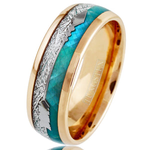 NEW - Rose Gold Tungsten Dome Ring with Opal Meteorite and Silver Feathered Arrow Inlays