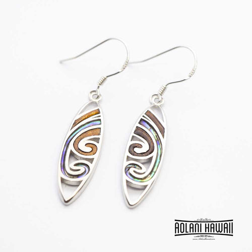 Koa Wood Abalone Surfboard Sterling Silver Dangling Pierce