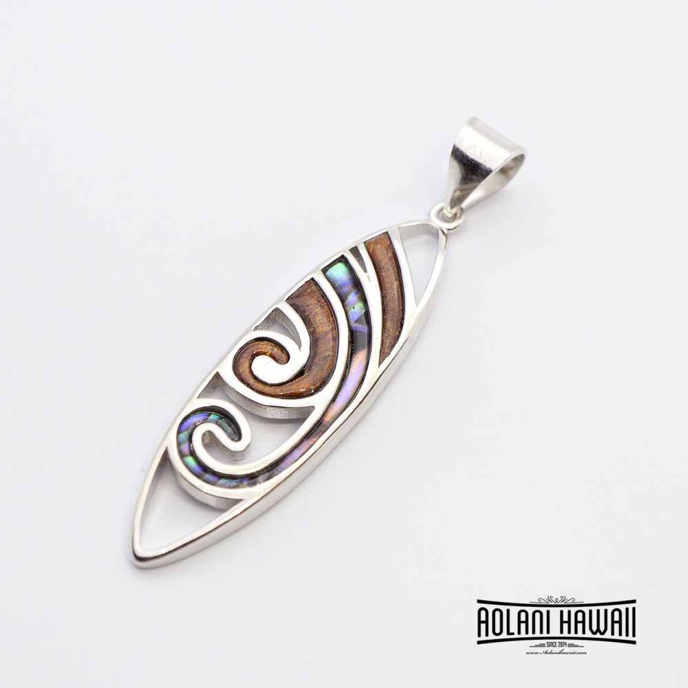 Koa Wood Abalone Surfboard Pendant  (FREE Stainless Chain Included)