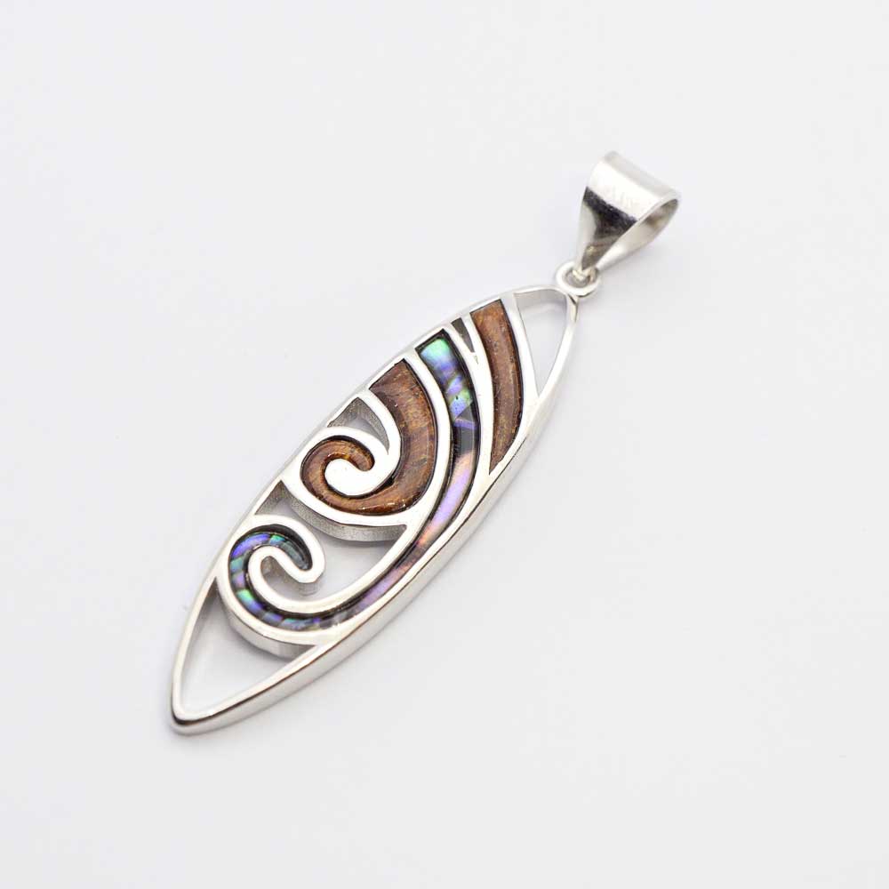 Koa Wood Abalone Surfboard Pendant  (FREE Stainless Chain Included)