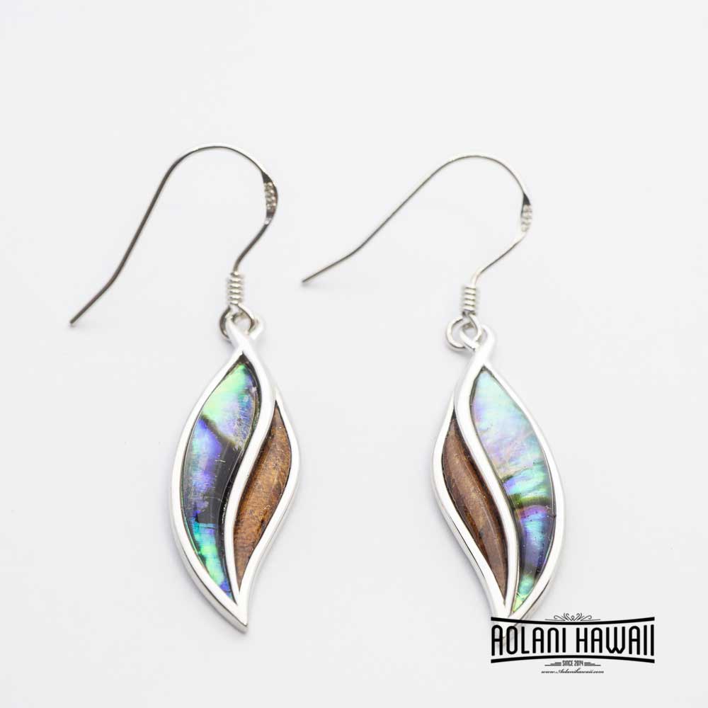 Koa Wood Abalone Leaf Sterling Silver Dangling Pierce