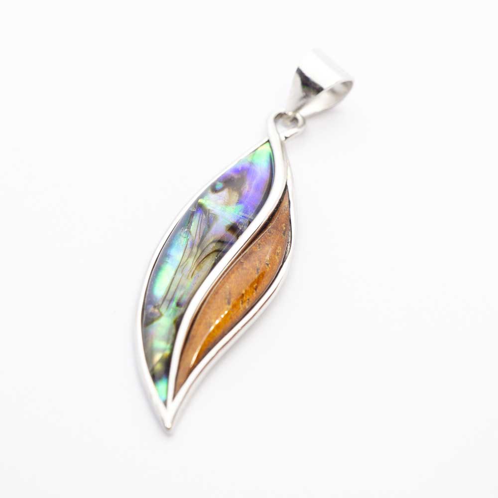 Koa Wood Abalone Leaf Pendant  (FREE Stainless Chain Included)