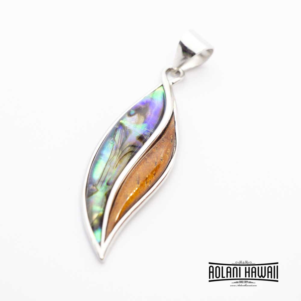 Koa Wood Abalone Leaf Pendant  (FREE Stainless Chain Included)