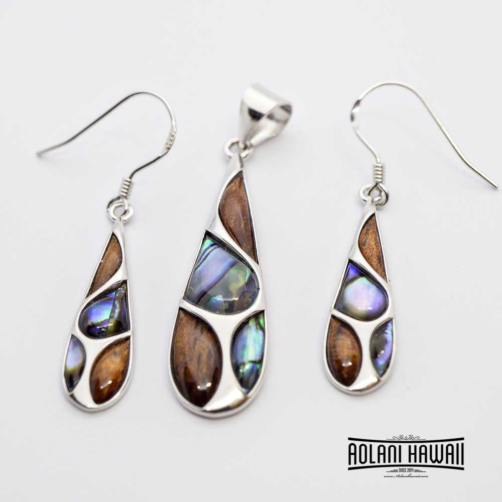 Koa Wood Abalone Teardrop Pendant  (FREE Stainless Chain Included)